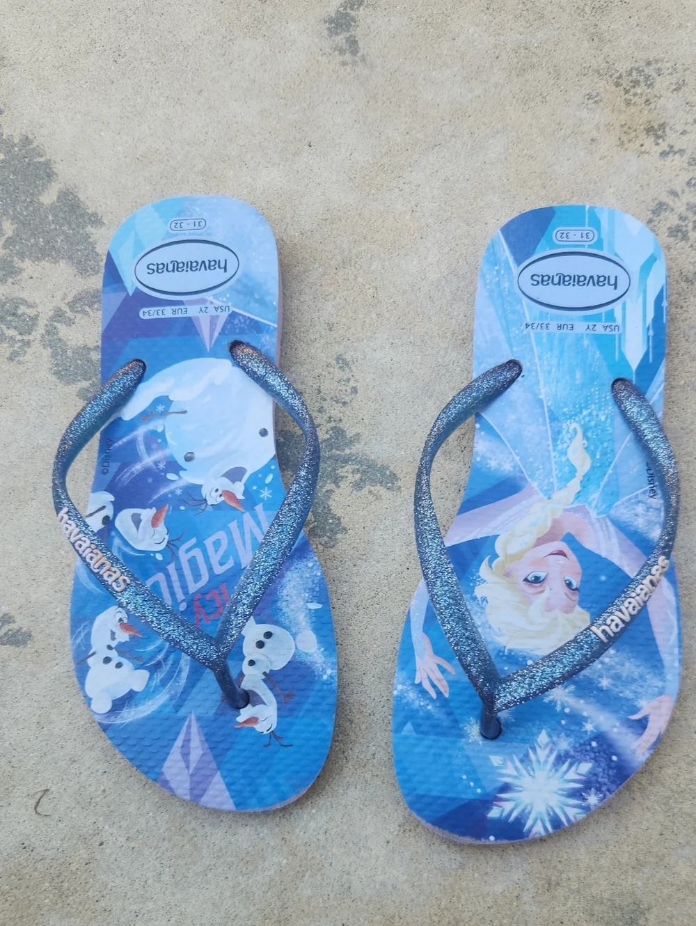 Havaianas Disney Frozen Elsa Olaf Flip Flops Glitter Blue Size 2Y/3Y Kids 31/32